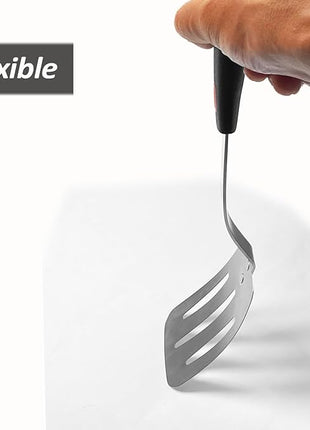 Stainless Steel Spatula, Flexible Metal Slotted Turner for Cast Iron Skillet, Thin Blade and Heat Resistant Silicone Handle, Great for Egg, Cookie, Meat, Crep, Medium
