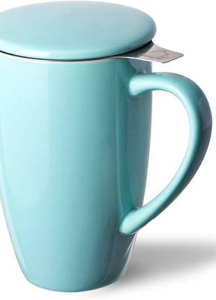 Sweejar Porcelain Tea Infuser Mug with Lid, 16 oz Teacup with Strainers for Loose Leaf Tea, Microwave and Dishwasher Safe Coffee Mug(Turquoise)