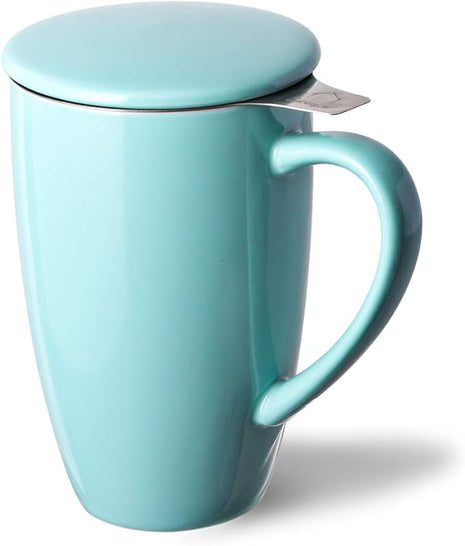 Sweejar Porcelain Tea Infuser Mug with Lid, 16 oz Teacup with Strainers for Loose Leaf Tea, Microwave and Dishwasher Safe Coffee Mug(Turquoise)