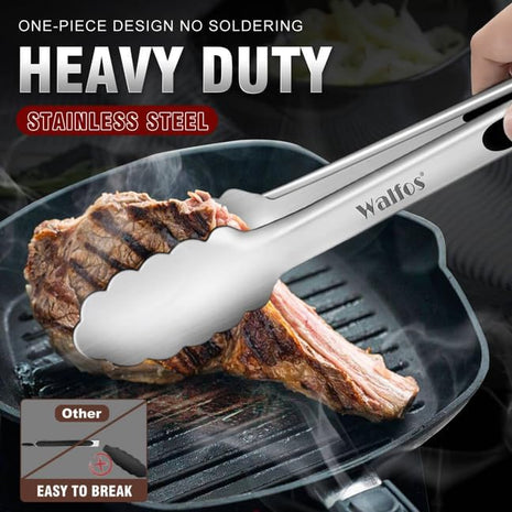 Walfos Extra Long Grill Tongs - Heavy Duty Metal Tongs - 16 & 12 inch Great for Grilling,BBQ/Barbecue,Cooking - Stainless Steel and Non-Slip Heat Resistant Silicone Handle (Set of 2)