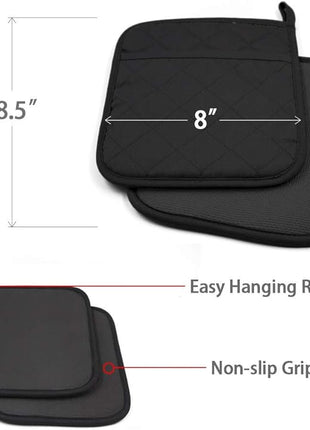 Cotton and Neoprene Oven Pads Pot Holder with Pocket 8"x8.5" Dual-Function Hot Pad Set for Finger Hand Wrist Protection Heat Resistant to 428°F Black