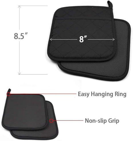Cotton and Neoprene Oven Pads Pot Holder with Pocket 8"x8.5" Dual-Function Hot Pad Set for Finger Hand Wrist Protection Heat Resistant to 428°F Black