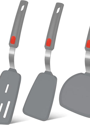 Silicone Spatula Turner Set of 3, Beijiyi 600°F Heat Resistant Cooking Spatulas for Nonstick Cookware, Large Flexible Kitchen Utensils BPA Free Rubber Spatula Set for Egg, Pancake, Fish (Gray)