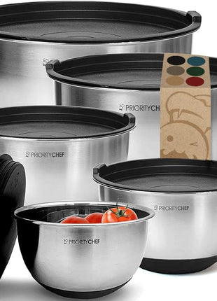Priority Chef Premium Mixing Bowls With Lids Set, Airtight Lids, Thicker Stainless Steel, Non-Slip Base, 5 Nesting Steel Bowls for Kitchen, Large Prep Metal Bowl Set 1.5/2/3/4/5 Qt, Black