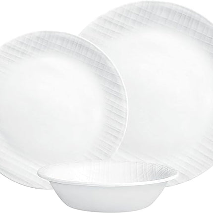 Corelle Dinnerware Set, 12-Piece, Linen Weave, Tempered Glass, Dinner Plates, Side Plates & Bowls, 3X More Durable, Half The Space & Weight of Ceramic, 1146908