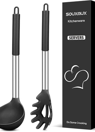 Silicone Pasta Fork and Soup Ladle Set, Non-Stick BPA Free Heat-Resistant Handy Kitchen Utensils for Cooking, Serving, Draining, Stirring (Black)