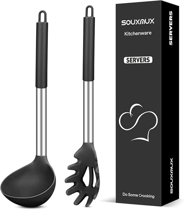 Silicone Pasta Fork and Soup Ladle Set, Non-Stick BPA Free Heat-Resistant Handy Kitchen Utensils for Cooking, Serving, Draining, Stirring (Black)