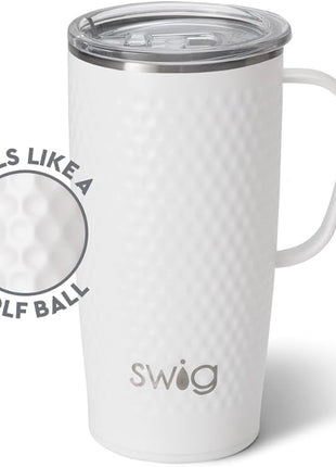Swig Life 22oz Travel Mug, Insulated Tumbler with Handle and Lid, Cup Holder Friendly, Dishwasher Safe, Stainless Steel, Travel Coffee Cup, Insulated Mug with Lid (Golf Ball)