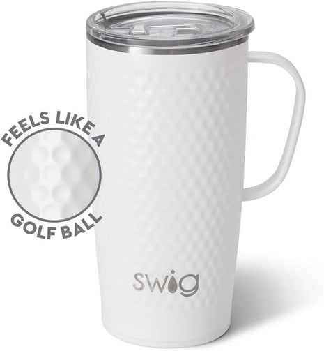 Swig Life 22oz Travel Mug, Insulated Tumbler with Handle and Lid, Cup Holder Friendly, Dishwasher Safe, Stainless Steel, Travel Coffee Cup, Insulated Mug with Lid (Golf Ball)