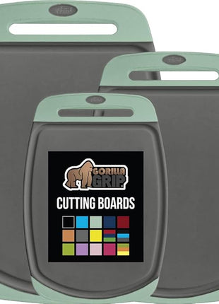 GORILLA GRIP BPA-Free Reversible Kitchen Cutting Board Set of 3, US Designed, Nonporous, Juice Grooves Catch Liquid, Slip Resistant Border, Dishwasher Safe, Durable Food Chopping Boards, Mint Gray