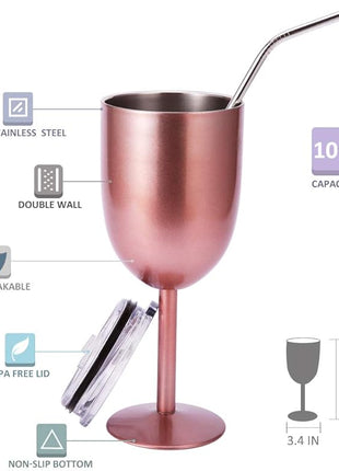 AMZUShome Stainless Steel Wine Glasses Cups.Double Walled Vacuum Insulated Wine Tumbler With Lid and Straw.Friendship,Christmas,Birthday Gifts for Women Men Friends Dad Mom(10oz Rose Gold)