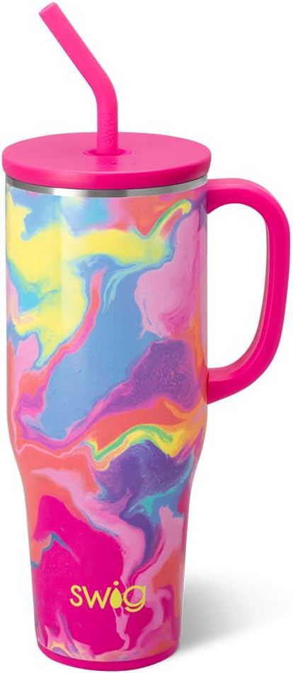 Swiglife 40oz Mega Mug, 40oz Tumbler with Handle and Straw, Extra Large Insulated Tumblers, Cup Holder Friendly Travel Mug (Candy Crush)