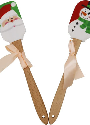 Christmas Silicone Spatula, Set of 2, Large Santa & Snow Man Spatula with Wooden Handle, Great for Christmas Decorating, Gifts and Baking(12.6inch)