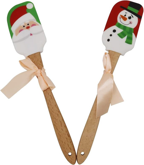 Christmas Silicone Spatula, Set of 2, Large Santa & Snow Man Spatula with Wooden Handle, Great for Christmas Decorating, Gifts and Baking(12.6inch)
