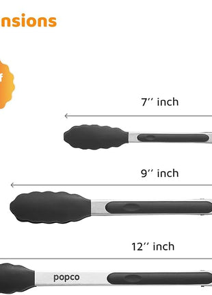 Popco 3-Piece Kitchen Tongs Set – Stainless Steel Heat Resistant Silicone Tips, Strong Comfort Grip, 3 Sizes (7, 9, 12 Inch), Non-Scratch, Dishwasher Safe, for Cooking, BBQ, Salad