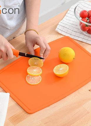 Liflicon Thick Silicone Cutting Boards for Kitchen Silicone Chopping Boards/Mats Set of 2 Extra Large14.6''x10.43'', Mini 9.1”x7.1” Non-slip Deep Drip Juice Groove, Dishwasher Safe-Orange