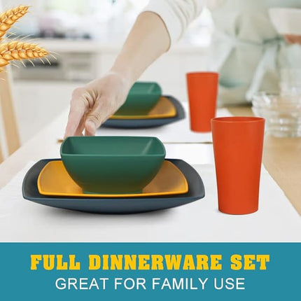 Teivio 32-piece Plastic Wheat Straw Square Dinnerware Set for 8, Unbreakable Dinner Plates, Salad Plates, Snack Bowls, Tumblers 20 oz, Dishwasher Safe, Autumn Multicolor