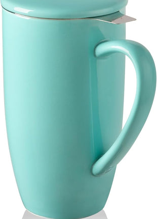 Sweejar Porcelain Tea Infuser Mug with Lid, 20 oz Teacup with Strainers for Loose Leaf Tea, Microwave and Dishwasher Safe Coffee Mug(Turquoise)