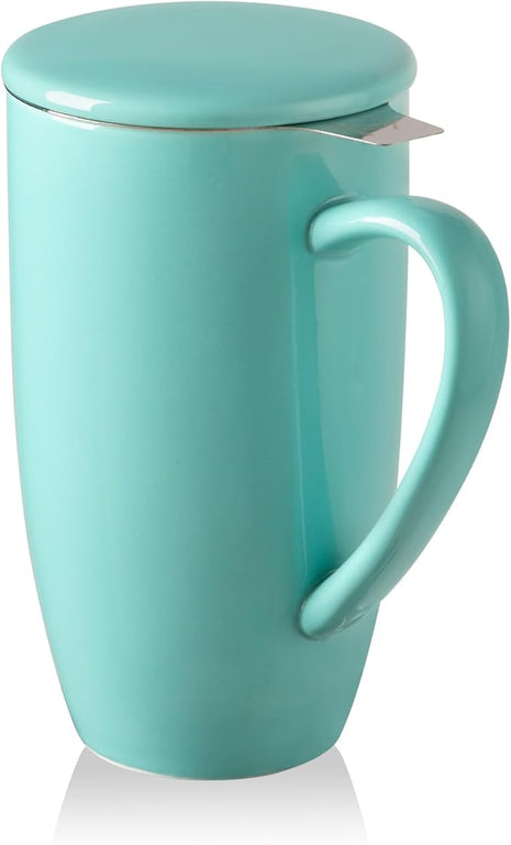 Sweejar Porcelain Tea Infuser Mug with Lid, 20 oz Teacup with Strainers for Loose Leaf Tea, Microwave and Dishwasher Safe Coffee Mug(Turquoise)