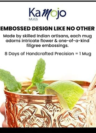 Moscow Mule Copper Mugs Set of 4 with Unique Handcrafted Embossed Design with Anti-Tarnish Food-Grade Coating - Copper Cups Gift Set with 4 Straws & Recipe E-Book, 16 oz