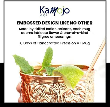 Moscow Mule Copper Mugs Set of 4 with Unique Handcrafted Embossed Design with Anti-Tarnish Food-Grade Coating - Copper Cups Gift Set with 4 Straws & Recipe E-Book, 16 oz