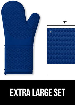 GORILLA GRIP BPA-Free Soft Silicone Oven Mitts and Pot Holders Sets of 4, Heat Resistant Waterproof Cooking Gloves, Thick Cotton Lining, Flexible Gripping for Baking Grilling, Kitchen Trivets, Blue