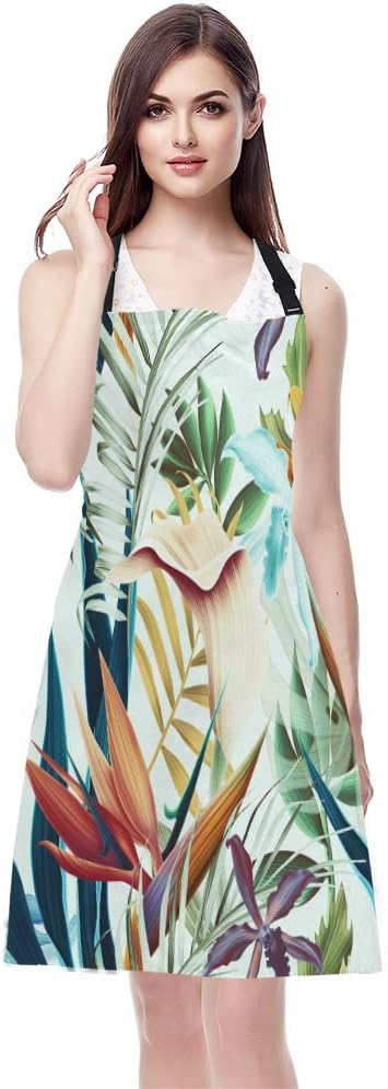 EKOBLA Tropical Flower Leaves Aprons Decorative Summer Leaf Nature Plant Hawaii Vocation Waterproof Resistant Chef Cooking Kitchen BBQ Adjustable Aprons for Women Men 27x31 Inch