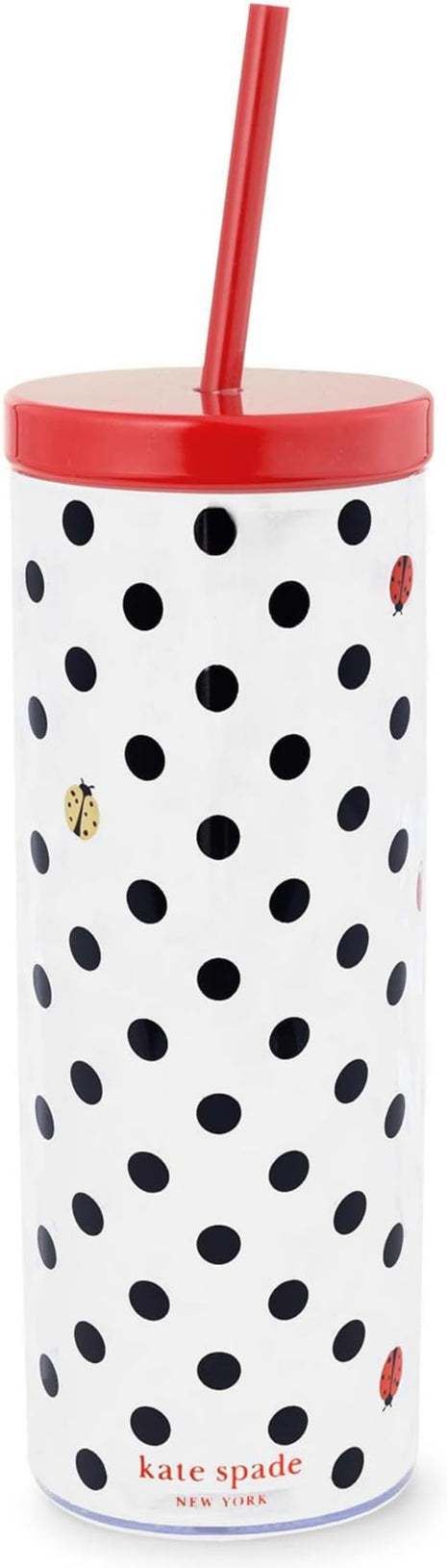 kate spade new york Acrylic Tumbler with Lid and Straw, 24 oz Tumbler, Slim Double Wall Tumbler (Ladybug Dot)
