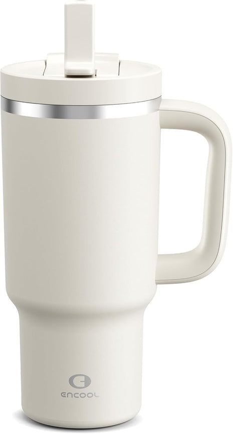 32 oz Tumbler with Handle and Straw: Stainless Steel Insulated Tumbler Keeps Cold for 24 Hours, Leakproof Travel Cup Fits in Cup Holder and BPA-Free, Cream Moon