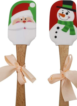Christmas Silicone Spatula, Set of 2, Large Santa & Snow Man Spatula with Wooden Handle, Great for Christmas Decorating, Gifts and Baking(12.6inch)