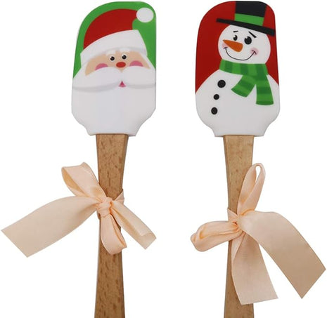 Christmas Silicone Spatula, Set of 2, Large Santa & Snow Man Spatula with Wooden Handle, Great for Christmas Decorating, Gifts and Baking(12.6inch)