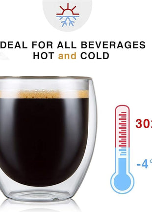 CNGLASS Double Wall Glass Espresso Cups 8.5oz,Insulated Clear Coffee Cup Set of 4