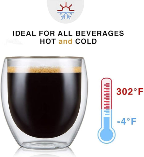 CNGLASS Double Wall Glass Espresso Cups 8.5oz,Insulated Clear Coffee Cup Set of 4