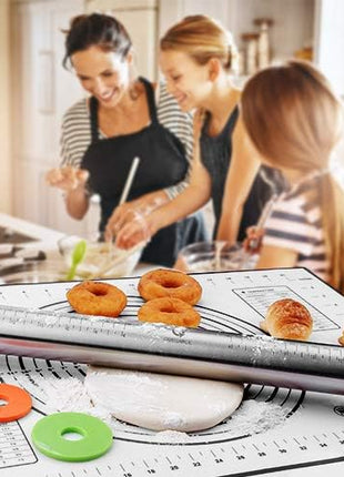 Rolling Pin and Pastry Baking Mat Set, Rolling Pins with Adjustable Thickness Rings, Stainless Steel Dough Roller for Baking Fondant, Pizza, Pie, Pastry, Pasta, Cookies (Black Mat)