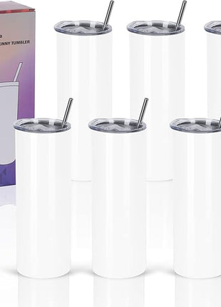 6 Pack 20 Oz Straight Skinny Tumblers,Individually Gift Boxed Stainless Steel Slim Skinny Tumbler Set Bulk, 20 Oz Insulated Slim Thin Travel Tumbler Cup for Diy, White