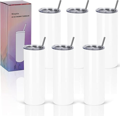 6 Pack 20 Oz Straight Skinny Tumblers,Individually Gift Boxed Stainless Steel Slim Skinny Tumbler Set Bulk, 20 Oz Insulated Slim Thin Travel Tumbler Cup for Diy, White