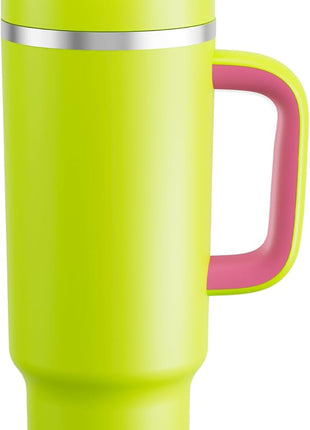 ENCOOL 40 oz Tumbler with Handle and Straw: Stainless Steel Insulated Tumbler Keeps Cold for 24 Hours, Leakproof Travel Cup Fits in Cup Holder and BPA-Free,Acid Green