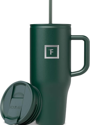 IRON °FLASK Co-Pilot Insulated Mug w/Straw & Flip Cap Lids - Cup Holder Bottle for Hot, Cold Drink - Leak-Proof - Water, Coffee Portable Travel Mug - Dark Pine, 32 Oz