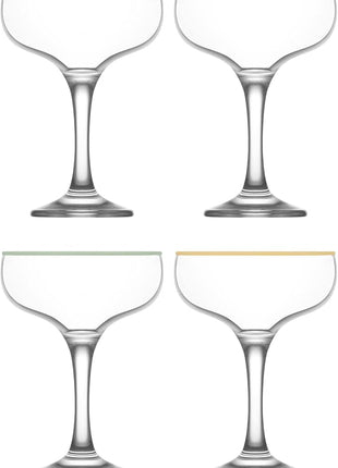 LAV Lead-Free Colorful Coupe Cocktail Glasses 8 oz Champagne Glass with Colored, Cleared Rims - Manhattan, Martini Glasses, Cocktails, Barware, Home, Restaurant, Birthday, Wedding Parties | Set of 4