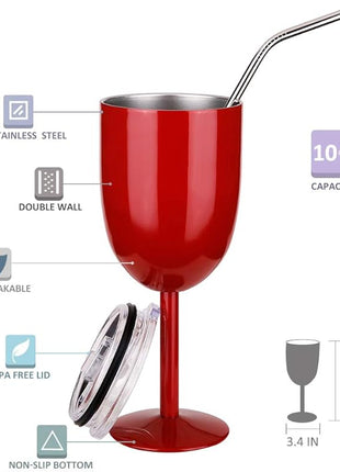 AMZUShome Stainless Steel Wine Glasses Cups.Double Walled Vacuum Insulated Wine Tumbler With Lid and Straw.Friendship,Christmas,Birthday Gifts for Women Men Friends Dad Mom(10oz Red)