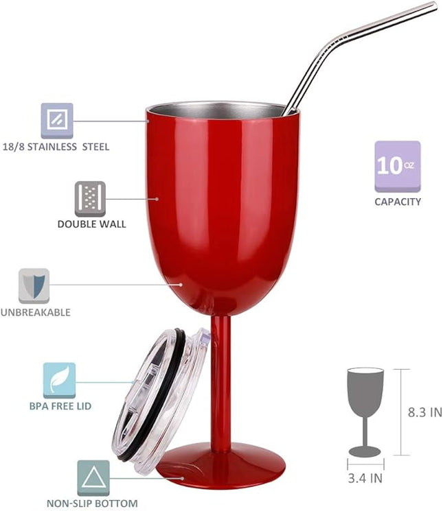 AMZUShome Stainless Steel Wine Glasses Cups.Double Walled Vacuum Insulated Wine Tumbler With Lid and Straw.Friendship,Christmas,Birthday Gifts for Women Men Friends Dad Mom(10oz Red)