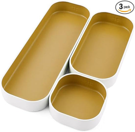 Three by Three Seattle 3 Piece Shallow Metal Organizer Tray Set for Storing Makeup, Stationery, Utensils, and More in Office Desk, Kitchen and Bathroom Drawers (1 Inch, Gold and White)