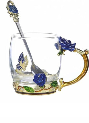 Handicraft Crystal Glass 3D Flower Cups Tea Mug With Tea Spoon Women Coffee, Tea, Juice, Beer, Milk Hot And Cold Drinks Use Gift Package. (Rose Blue Coffee Cup, 11 OZ)
