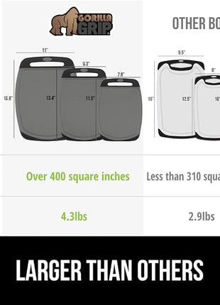 GORILLA GRIP BPA-Free Reversible Kitchen Cutting Board Set of 3, US Designed, Nonporous, Juice Grooves Catch Liquid, Slip Resistant Border, Dishwasher Safe, Durable Food Chopping Boards, Black Gray