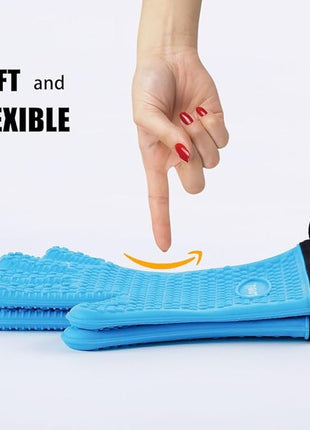 Kitchen Oven Gloves - Dual-Layer Heat Resistant Grilling Gloves, Silicone Oven Mitts with 5 Fingers, Waterproof Non-Slip Pot Holder for Barbecue, Cooking, Baking (XL-XXXL, Blue)