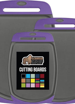 GORILLA GRIP BPA-Free Reversible Kitchen Cutting Board Set of 3, US Designed, Nonporous, Juice Grooves Catch Liquid, Slip Resistant Border, Dishwasher Safe, Durable Food Chopping Boards, Purple Gray