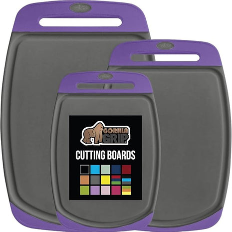 GORILLA GRIP BPA-Free Reversible Kitchen Cutting Board Set of 3, US Designed, Nonporous, Juice Grooves Catch Liquid, Slip Resistant Border, Dishwasher Safe, Durable Food Chopping Boards, Purple Gray