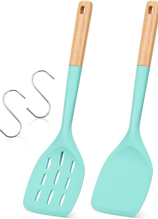 Pack of 2 Silicone Spatula, Non Stick Cooking Utensil Set Stainless Steel Handle Kitchen Turner for Baking Mixing Grilling Serving Food Heat Resistant Non Scratch Hooks Included (Green)