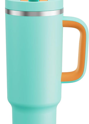 40 oz Tumbler with Handle and Straw: Stainless Steel Insulated Tumbler Keeps Cold for 24 Hours, Leakproof Travel Cup Fits in Cup Holder and BPA-Free,Soft Cyan