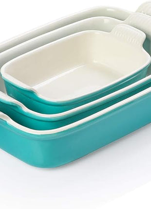 Sweejar Baking Pans Set, Ceramic 9x13 Baking Dish with Handle, Rectangular Casserole Dishes for Oven, Bakeware Sets of 3, Durable Lasagna Pan Deep for Kitchen, Banquet, Wedding Gift(Turquoise)